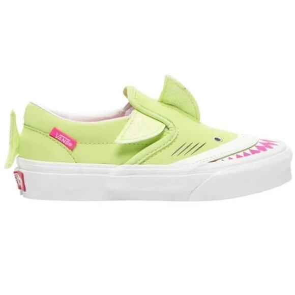 Vans Kid Size 2 Shark Slip-On Sneakers Lime Green Pink Sole Novelty Animal Shoes - Picture 1 of 7